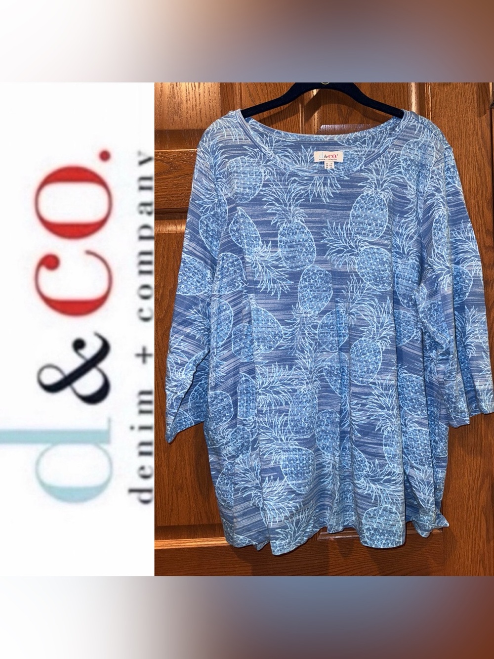 EUC Denim & Co. 1X Jersey Round Neck 3/4 Sleeve Pineapple Print Top